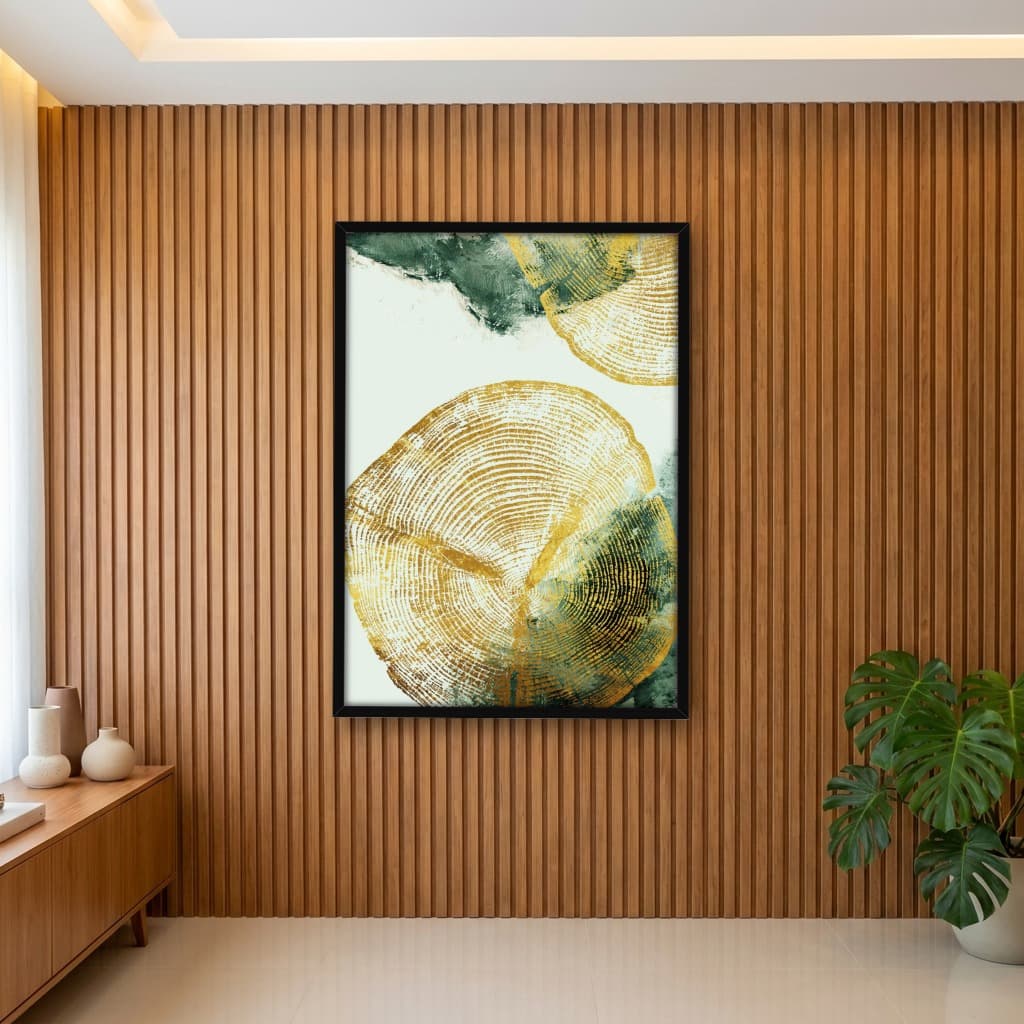 Quadro Decorativo Anéis de Arvore Dourado Verde -vs02