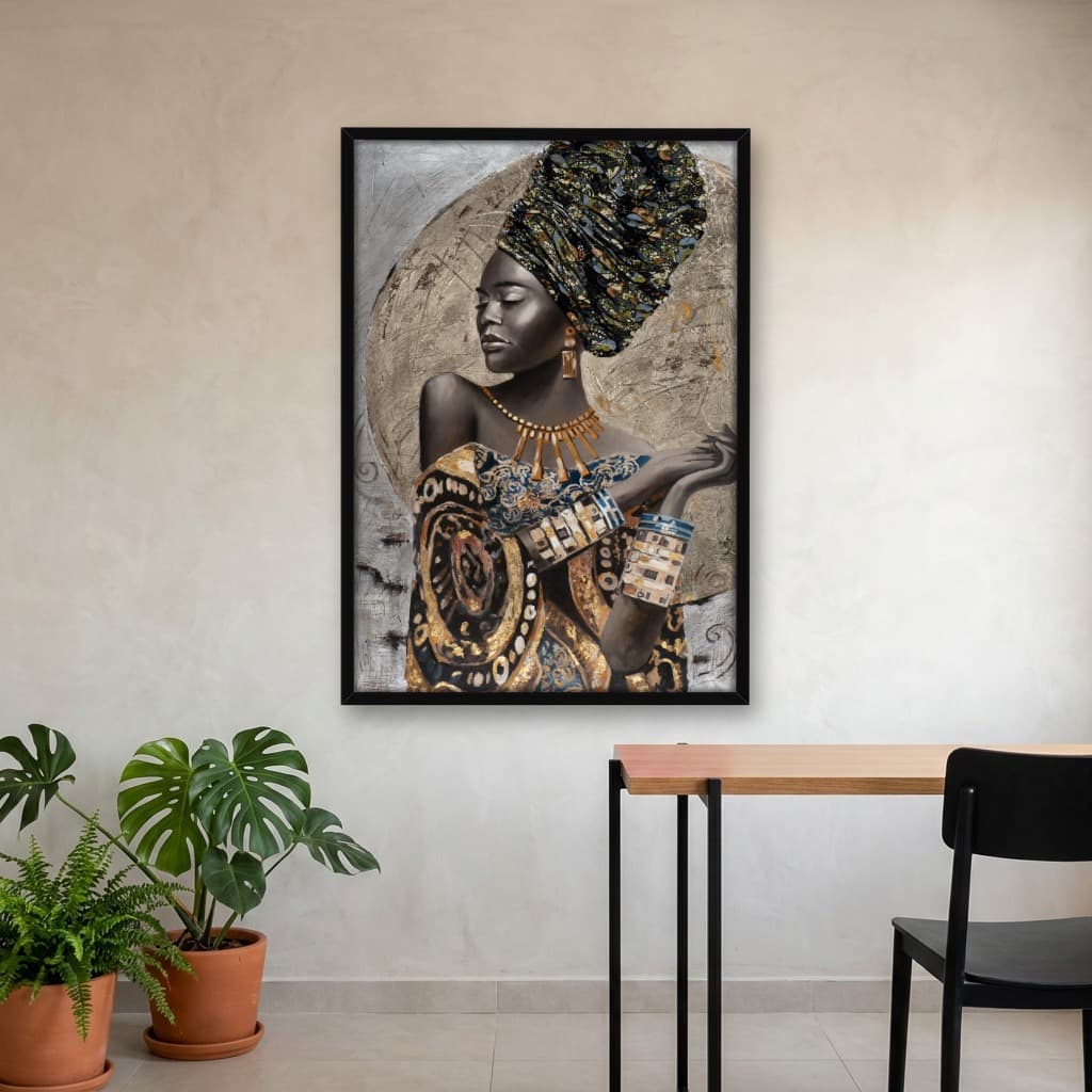 Quadro Decorativo Mulher Negra Africana Arte Detalhes Dourado Grafite