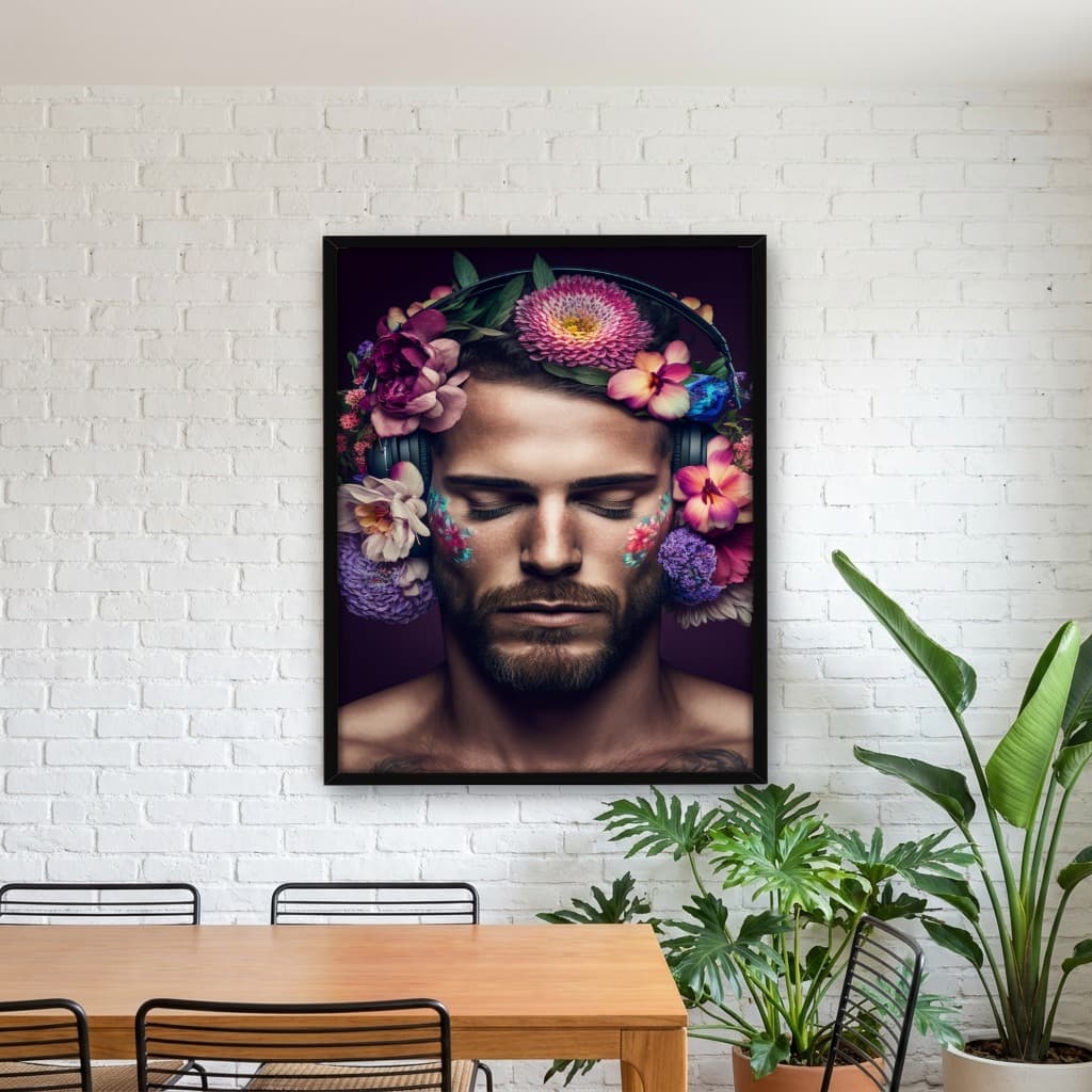 Quadro Decorativo Homem Atraente Usando Fones De Ouvido Flores Crescendo Na Cabeça