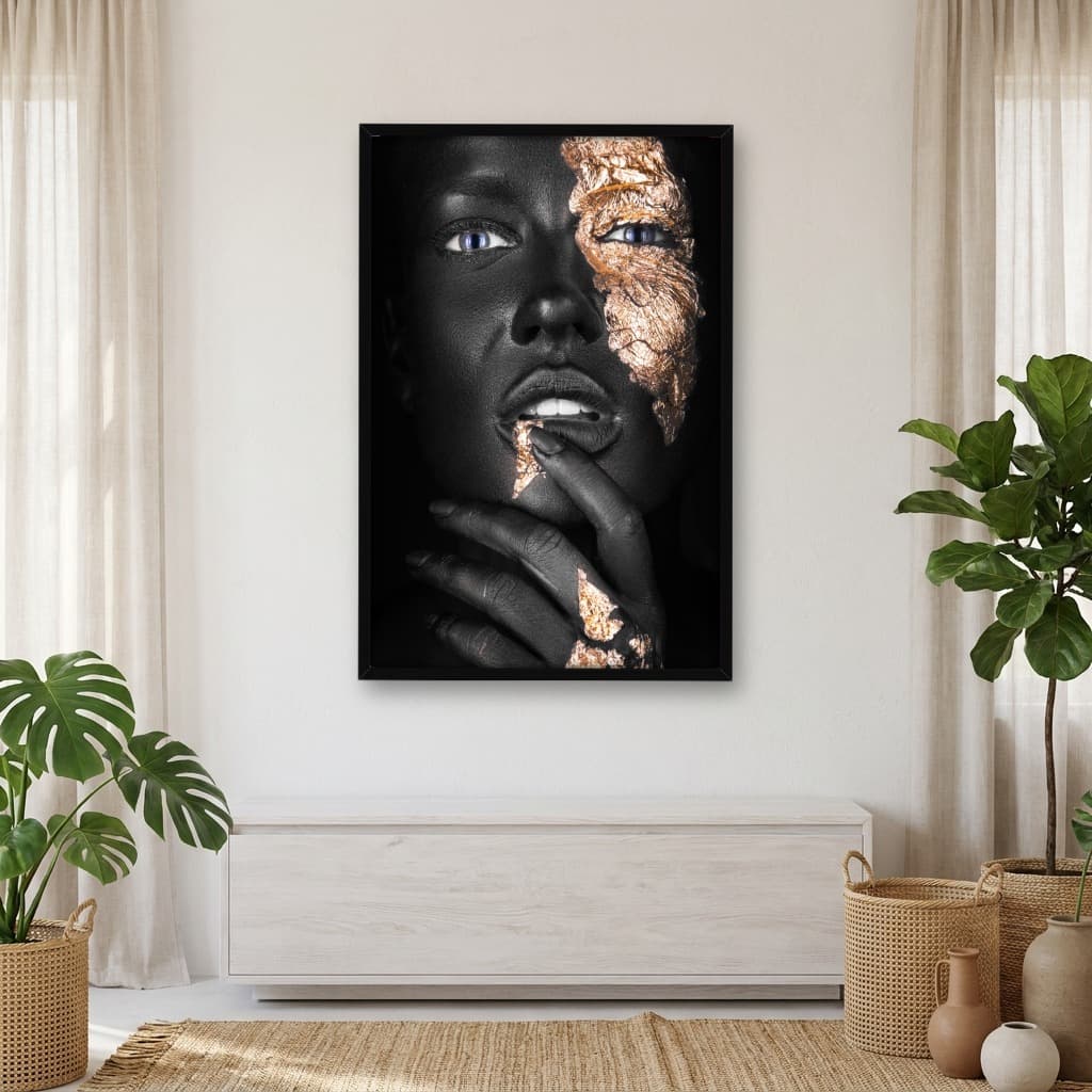 Quadro Decorativo Mulher Pintada de Preto com Detalhes Dourado -vs04