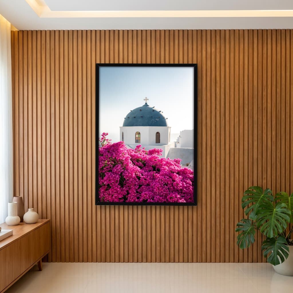 Quadro Decorativo Igreja Flores Bougainvillea Santorini Grécia