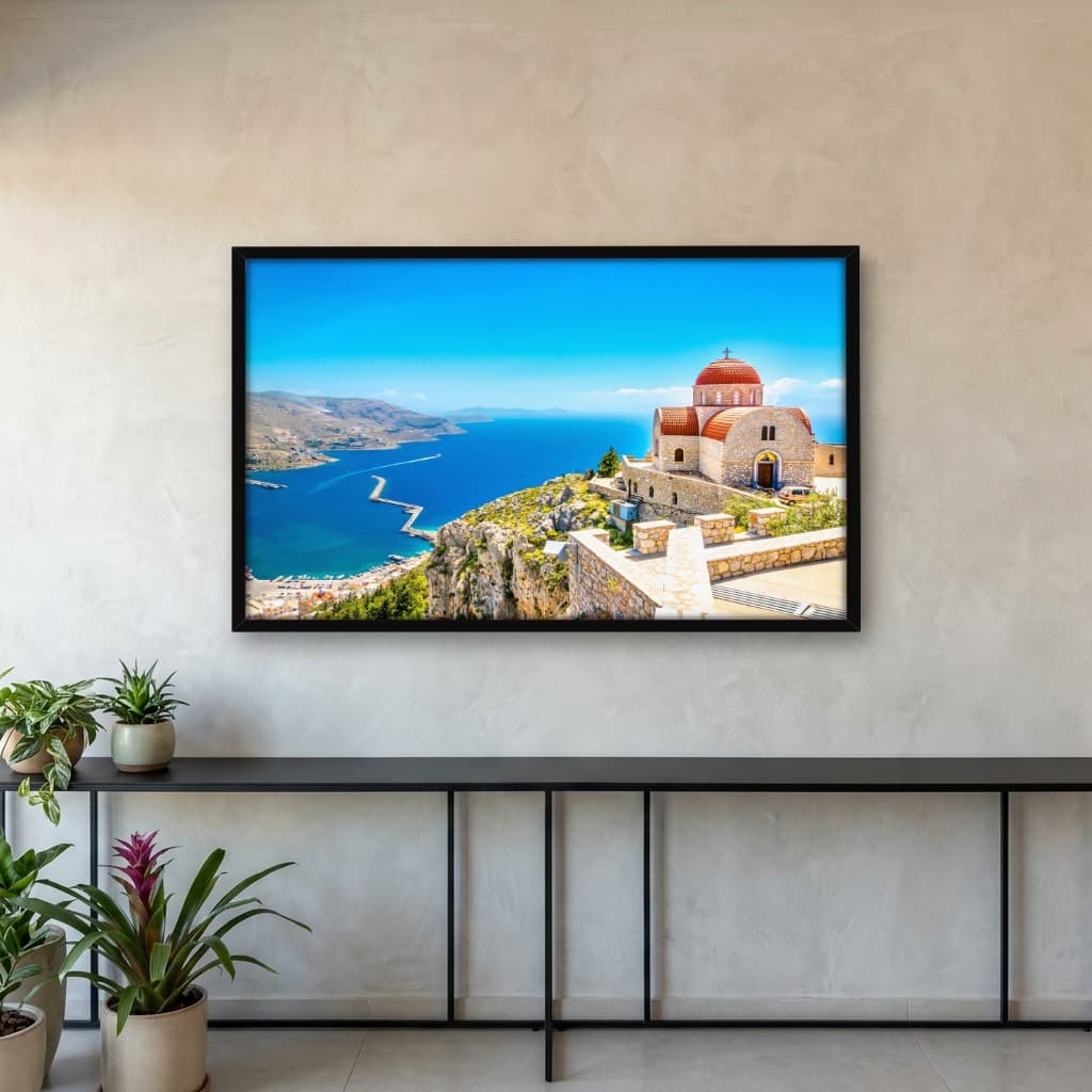 Quadro Decorativo Igreja Remota Com Telhado Vermelho No Penhasco Grécia