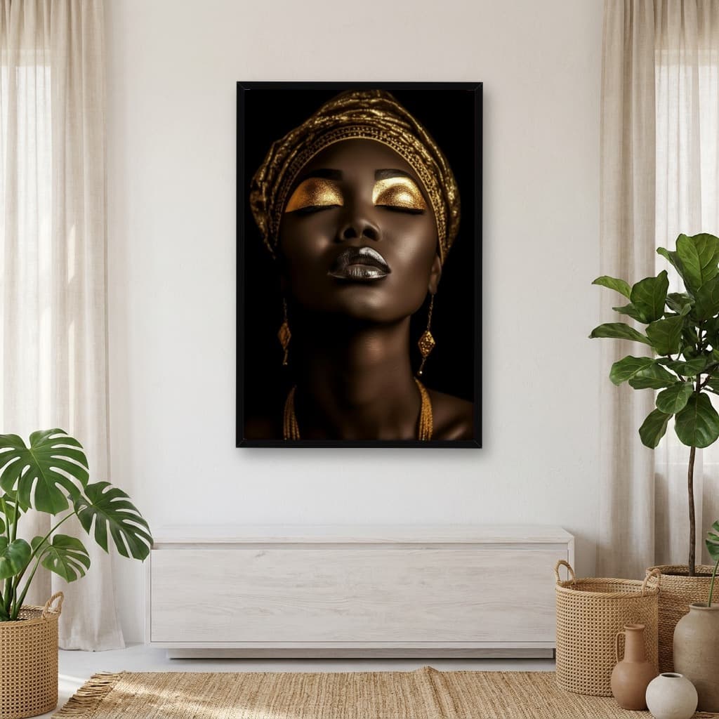 Quadro Decorativo Mulher Afro-americana Com Maquiagem Dourada