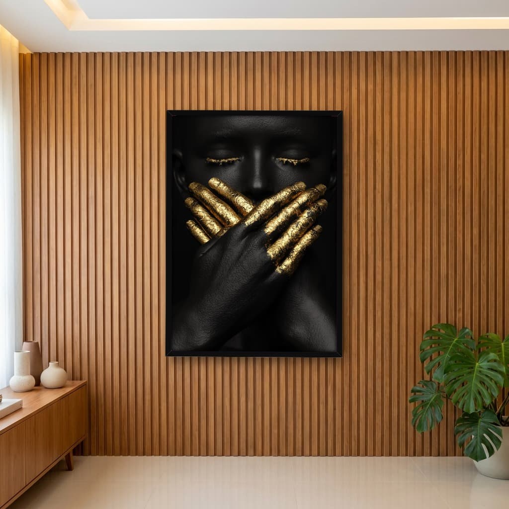 Quadro Decorativo Mulher Negra Dedos Dourado