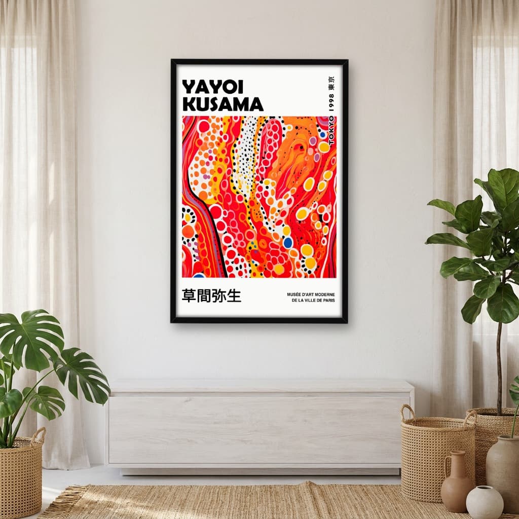 Quadro Decorativo Yayoi Kusama Laranja Pontos Pretos Abstrata