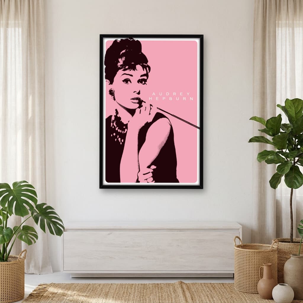Quadro Decorativo Audrey Hepburn com Fundo Rosa