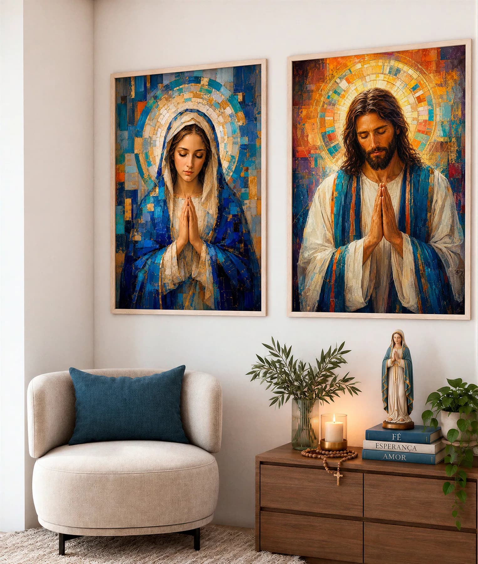Kit Duo Quadros Decorativos Luz da Oração – Jesus Cristo e Ave Maria | Arte Sacra