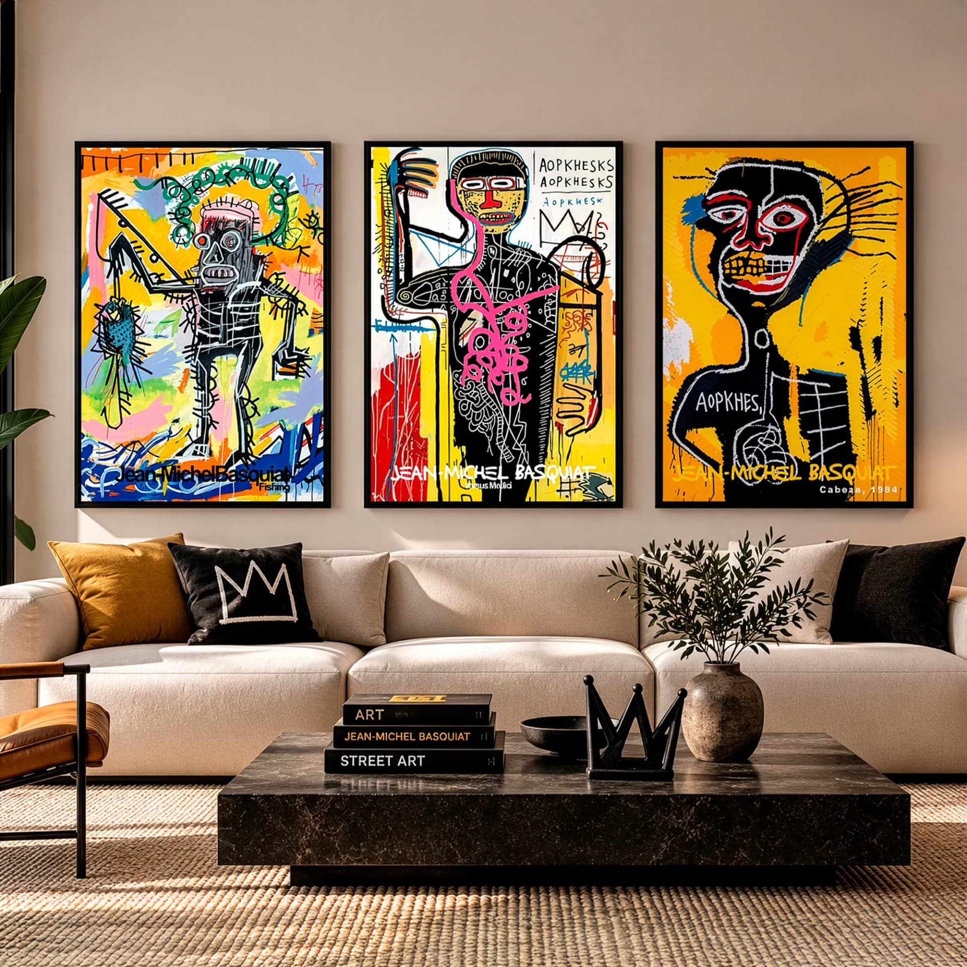 Kit Trio Quadros Decorativos Jean-Michel Basquiat Arte Grafite em Tela Canvas