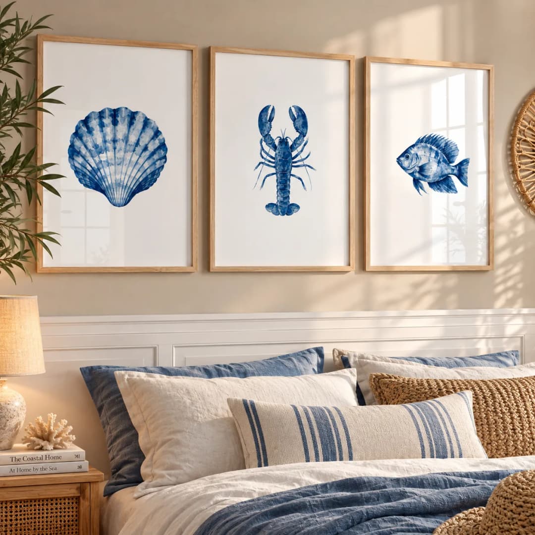 Kit 3 Quadros Decorativos Vida Marinha em Aquarela Azul – Concha, Lagosta e Peixe