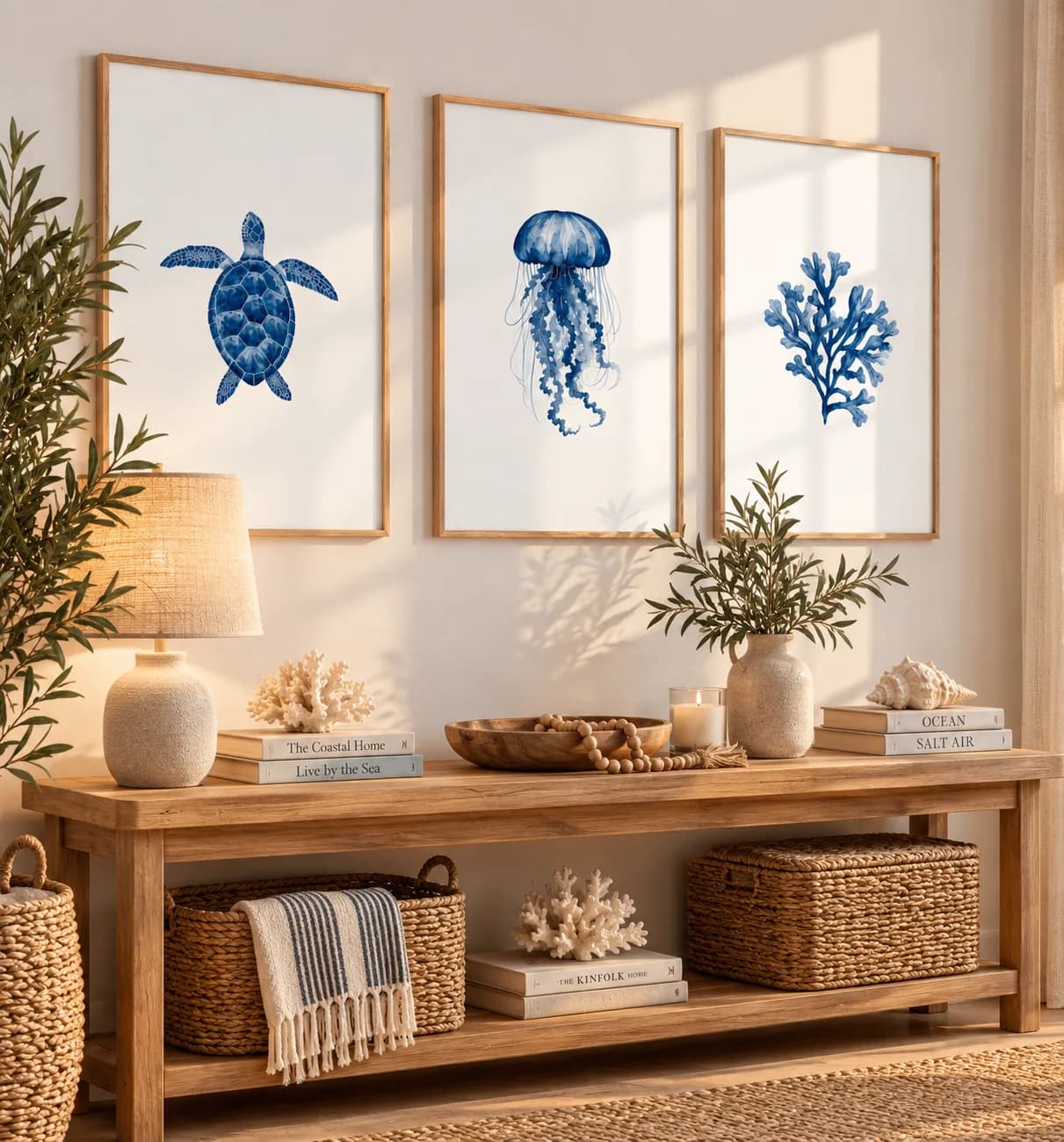 Kit 3 Quadros Decorativos Vida Marinha em Aquarela Azul – Tartaruga, Água-Viva e Coral