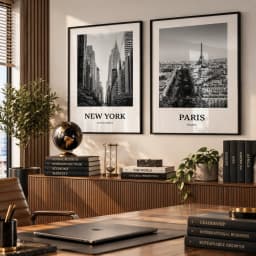 Kit Duo Quadros Decorativos New York e Paris | Cidades do Mundo em Preto e Branco