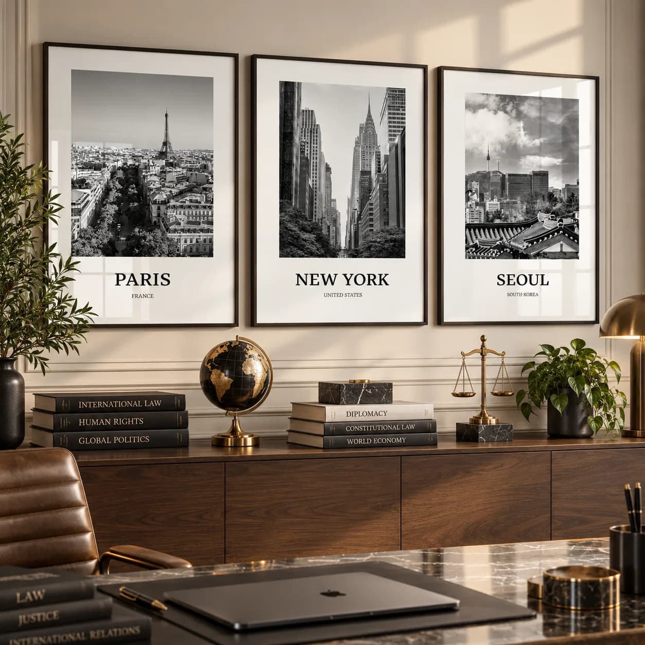 Kit Trio Quadros Decorativos Paris, New York e Seoul | Cidades do Mundo em Preto e Branco