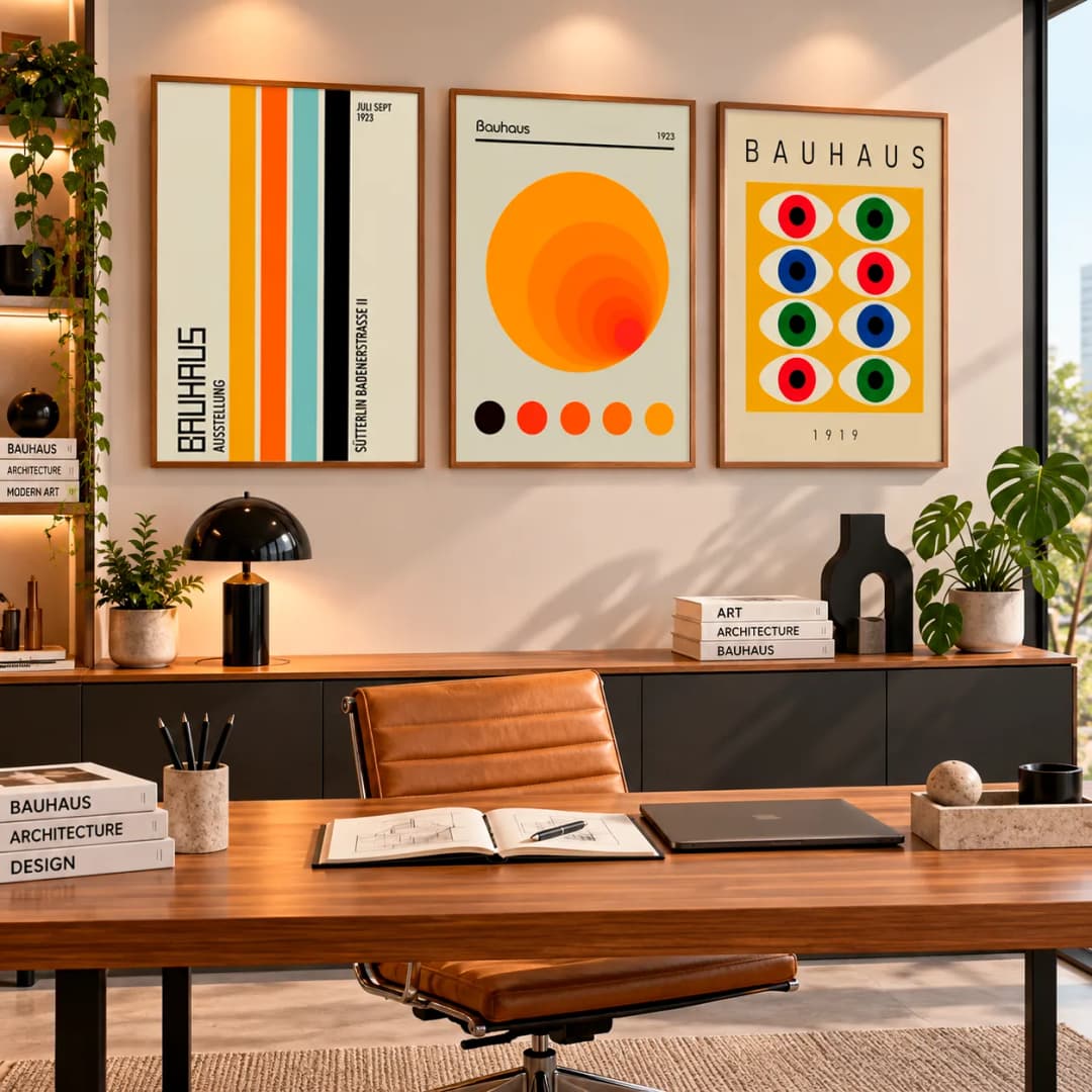 Kit Trio Quadros Decorativos Bauhaus 1919 e 1923 | Arte Geométrica e Design Modernista