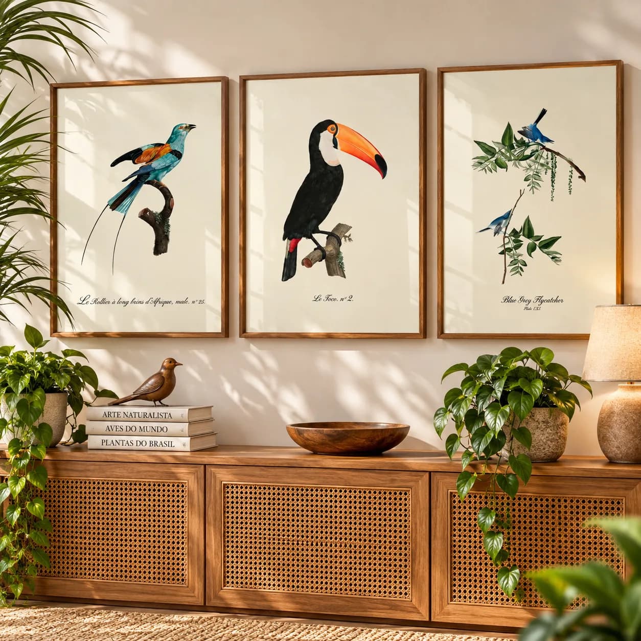 Kit Trio Quadros Decorativos Aves Exóticas | Ilustrações Ornitológicas Vintage