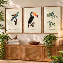 Kit Trio Quadros Decorativos Aves Exóticas | Ilustrações Ornitológicas Vintage