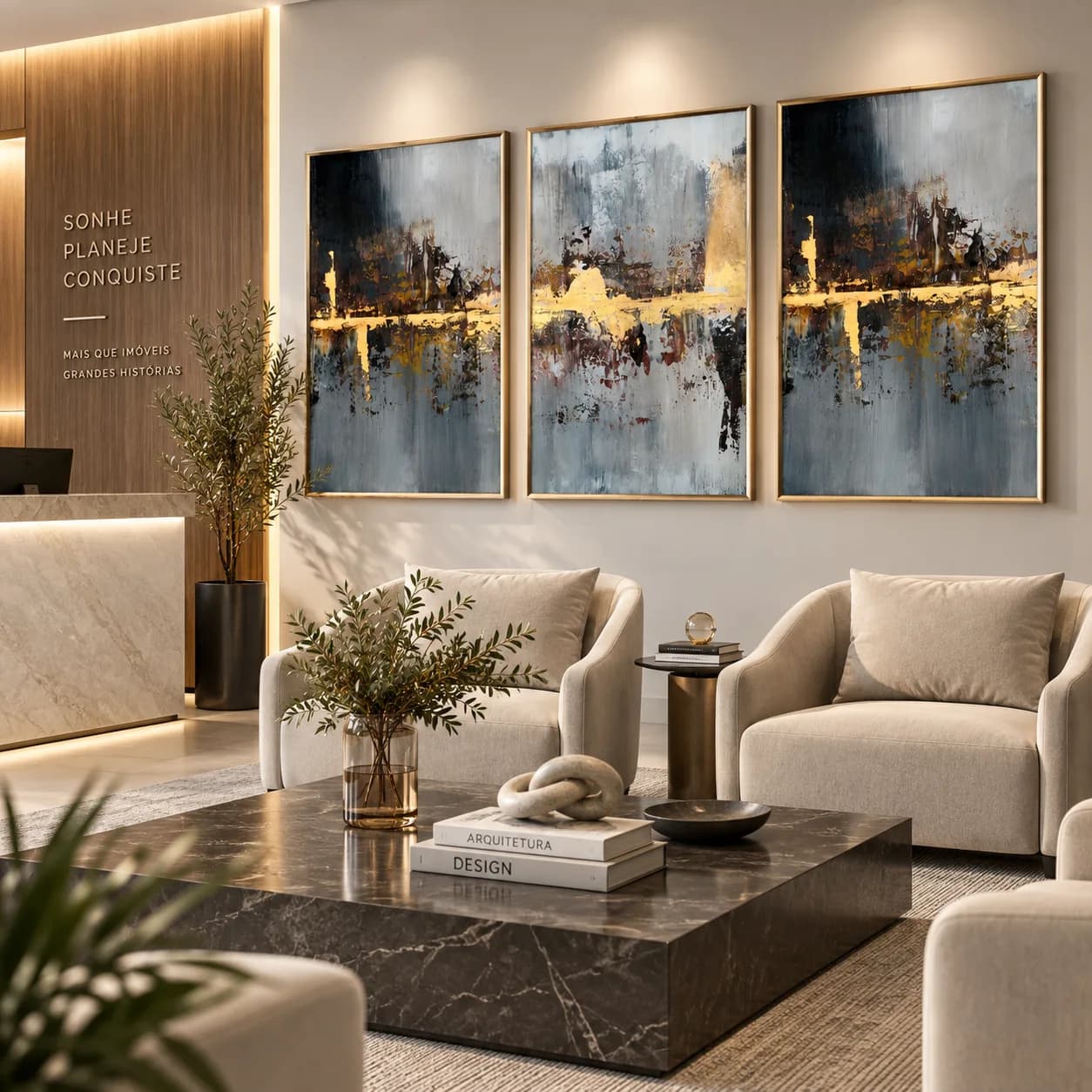 Kit Trio Quadros Decorativos Horizonte Dourado – Arte Abstrata Contemporânea