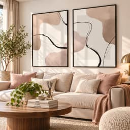 Kit Duo Quadros Decorativos Abstratos Rosa Nude – Linhas Orgânicas - Arte Minimalista