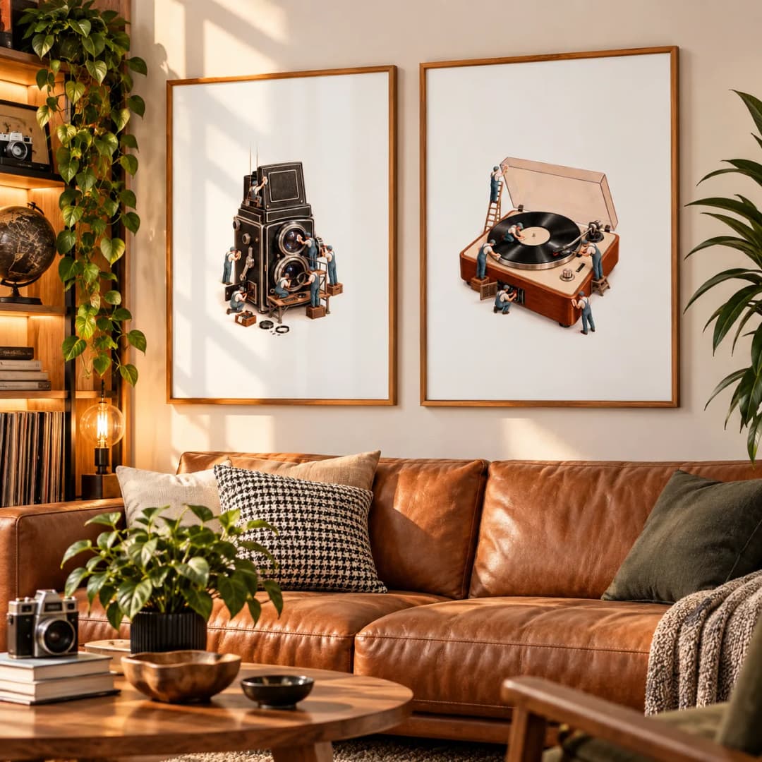 Kit Duo de Quadros Decorativos Mini Trabalhadores – Fotografia e Música Vintage