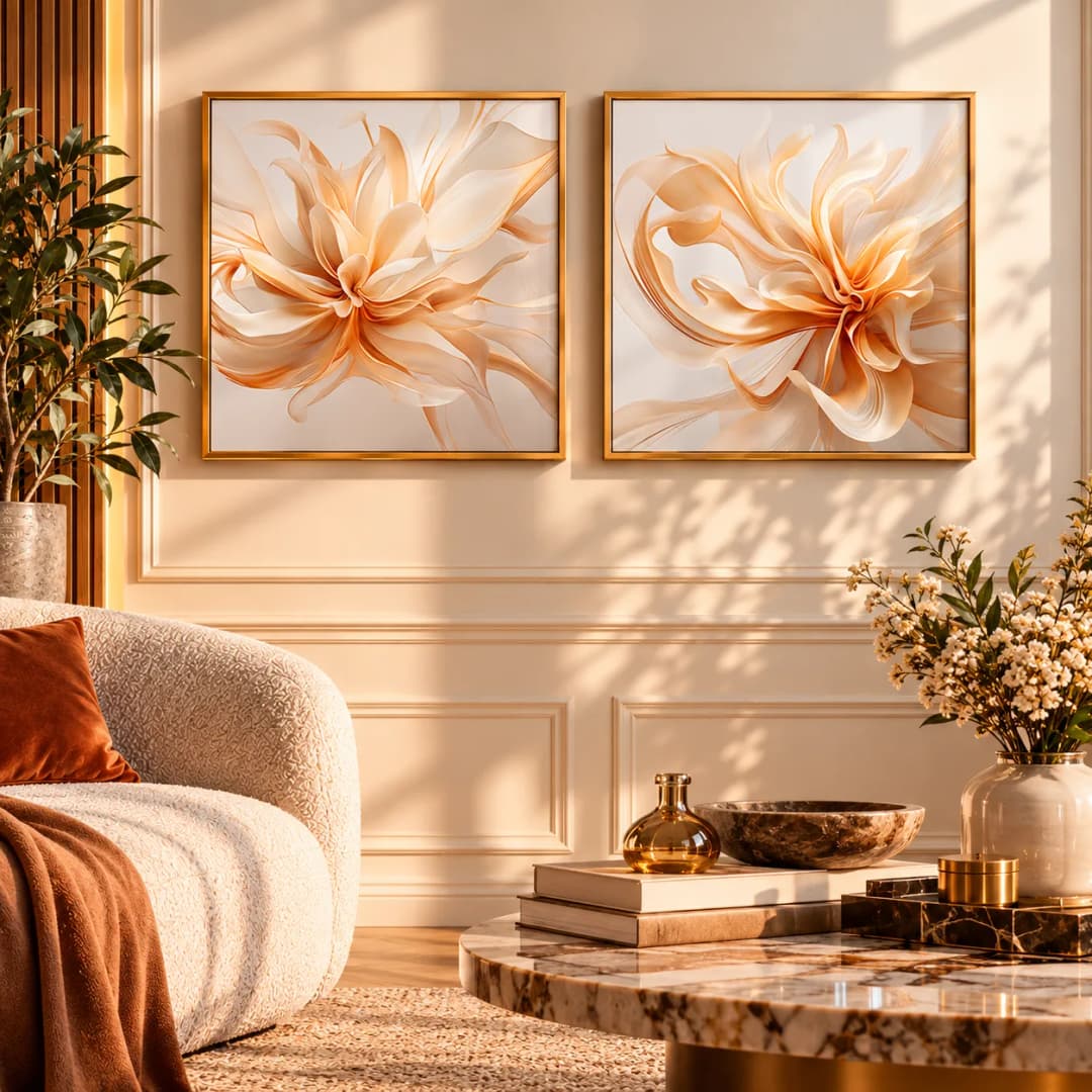 Kit Duo Quadros Decorativos Florescer Dourado – Arte Abstrata Floral Fine Art