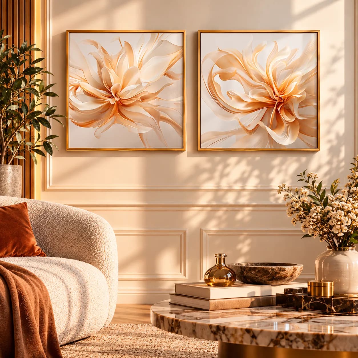 Kit Duo Quadros Decorativos Florescer Dourado – Arte Abstrata Floral Fine Art