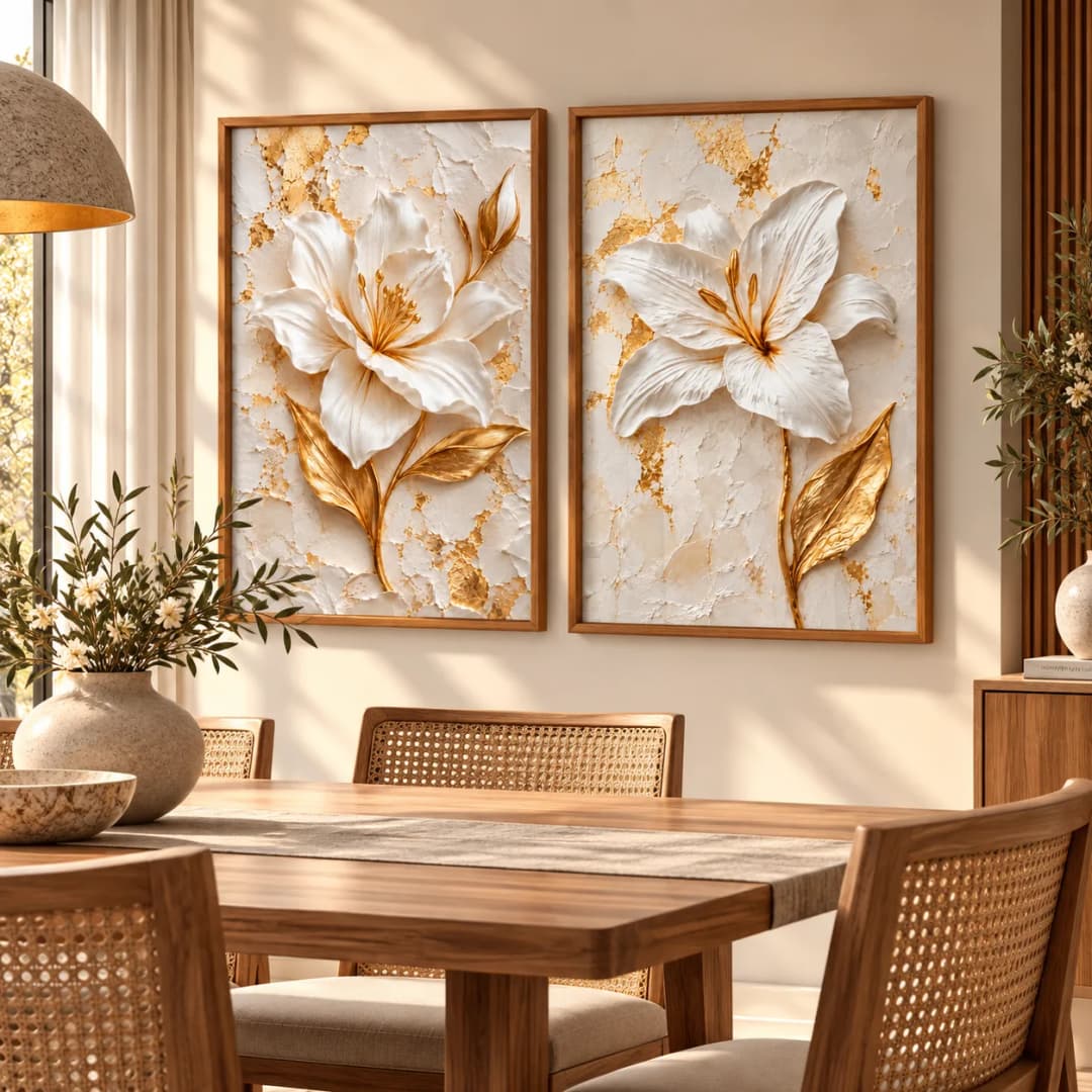 Kit Duo Quadros Decorativos Florescer em Ouro – Arte Floral em Relevo