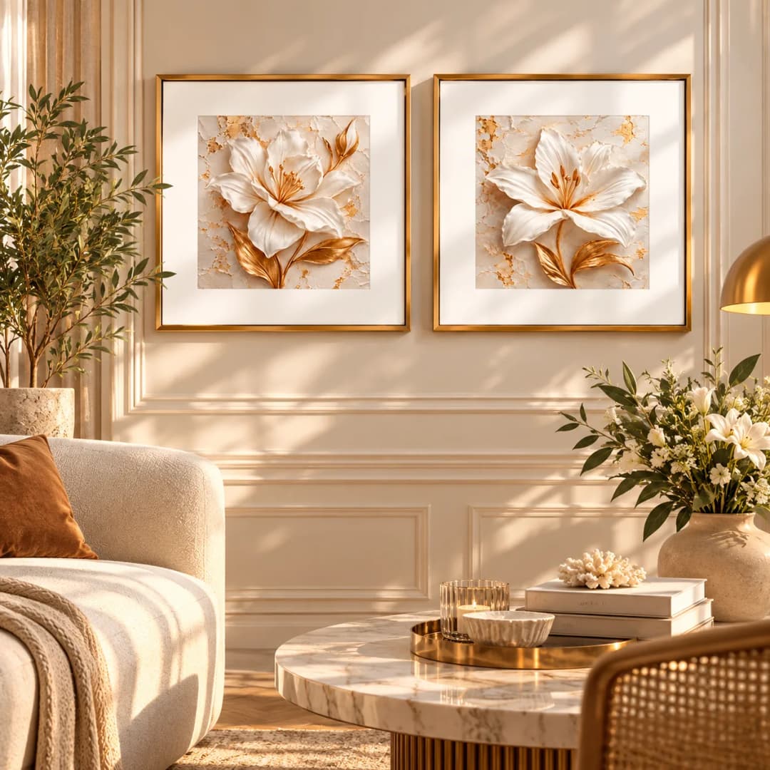 Kit Duo Quadros Decorativos Florescer em Ouro – Arte Floral com Margem