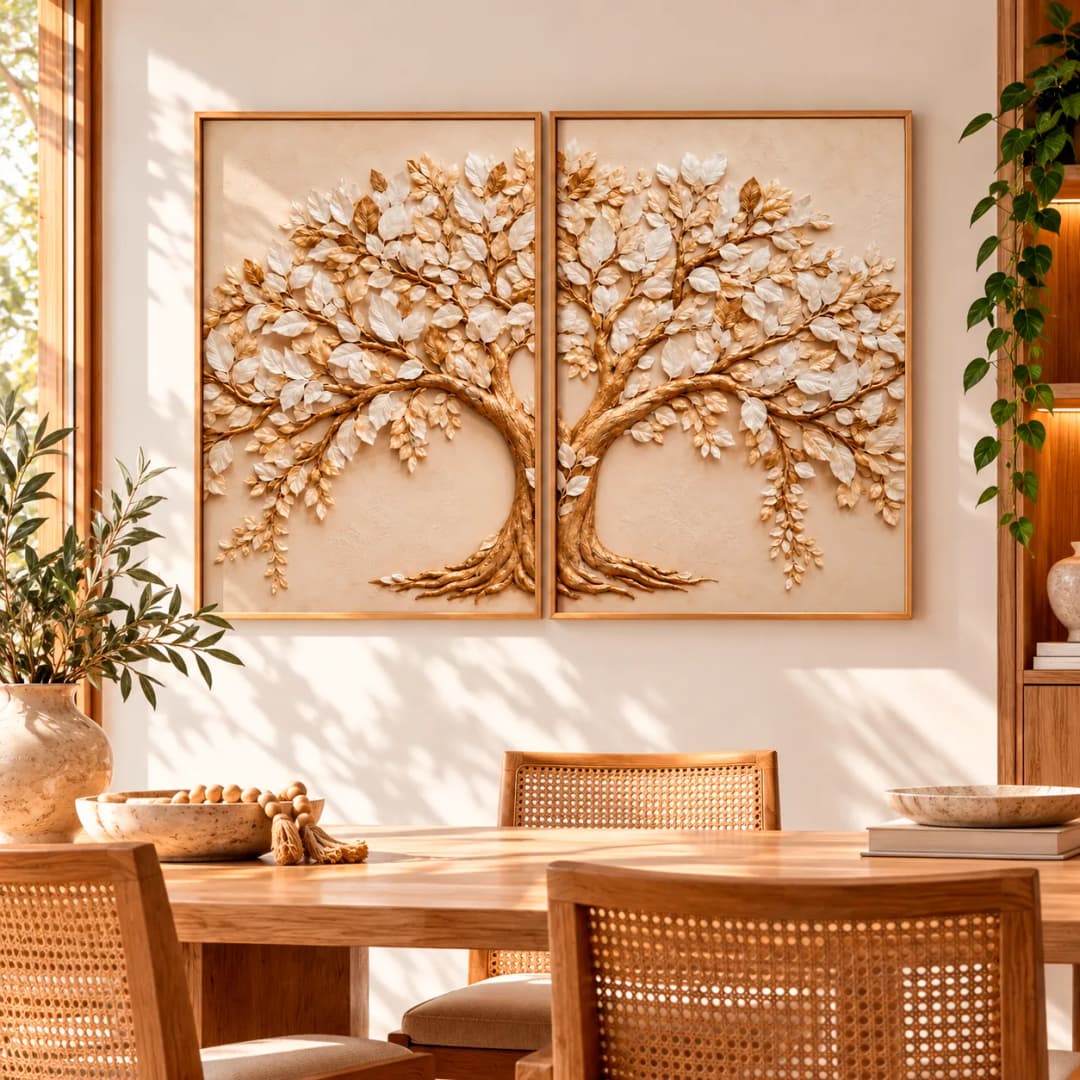 Kit Duo Quadros Decorativos Árvore da Eternidade – Dourado e Marfim
