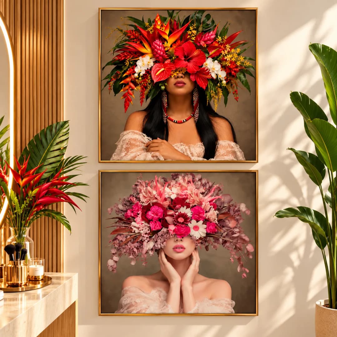 Kit Duo Quadros Decorativos Véu de Flores e Filha da Floresta