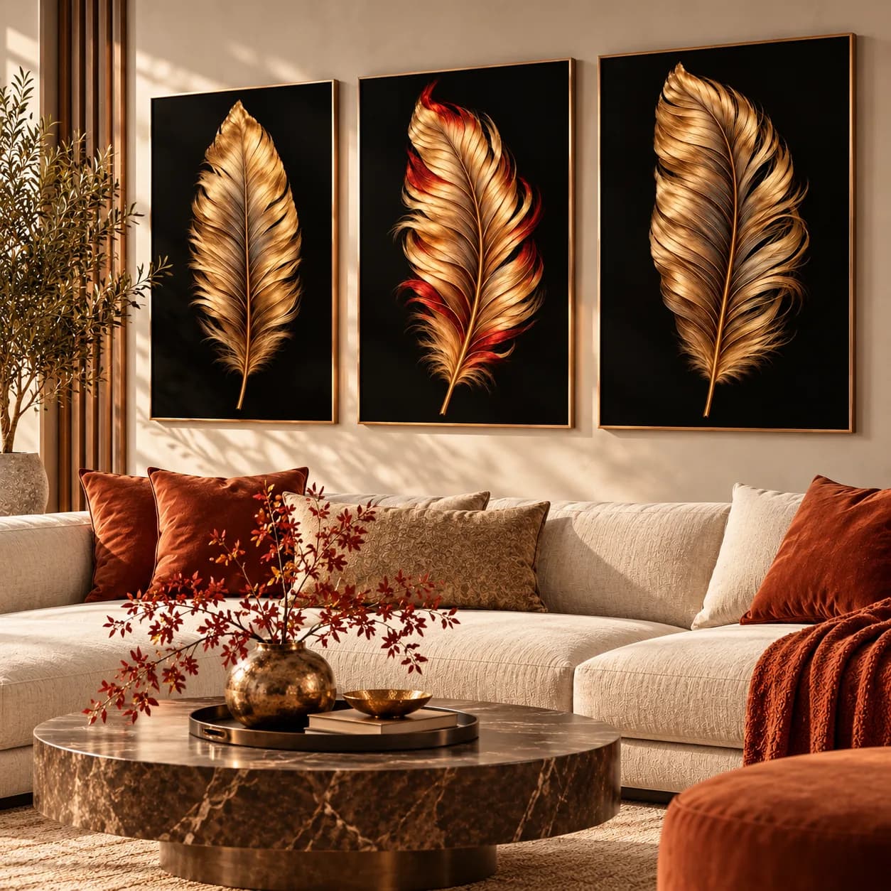 Kit Trio Quadros Decorativos Plumas de Fênix Douradas