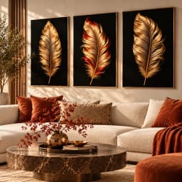 Kit Trio Quadros Decorativos Plumas de Fênix Douradas