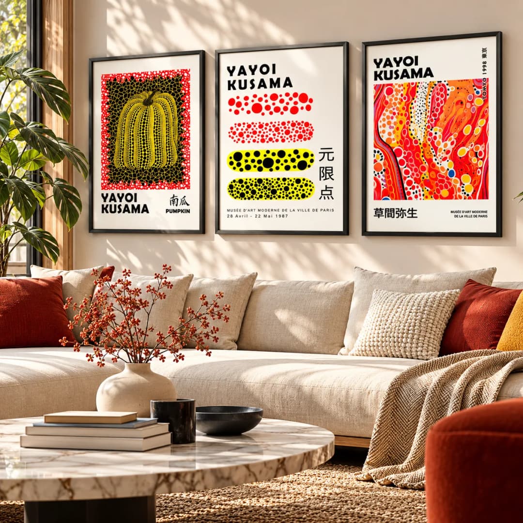 Kit Trio Quadros Decorativos Yayoi Kusama – Pumpkin & Infinity Dots