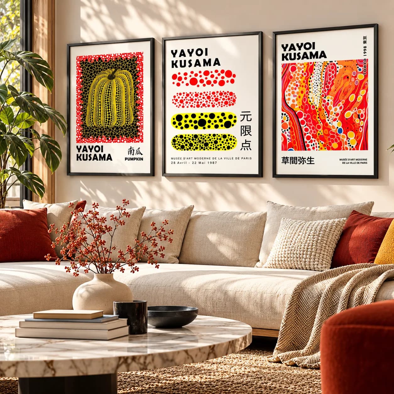 Kit Trio Quadros Decorativos Yayoi Kusama – Pumpkin & Infinity Dots