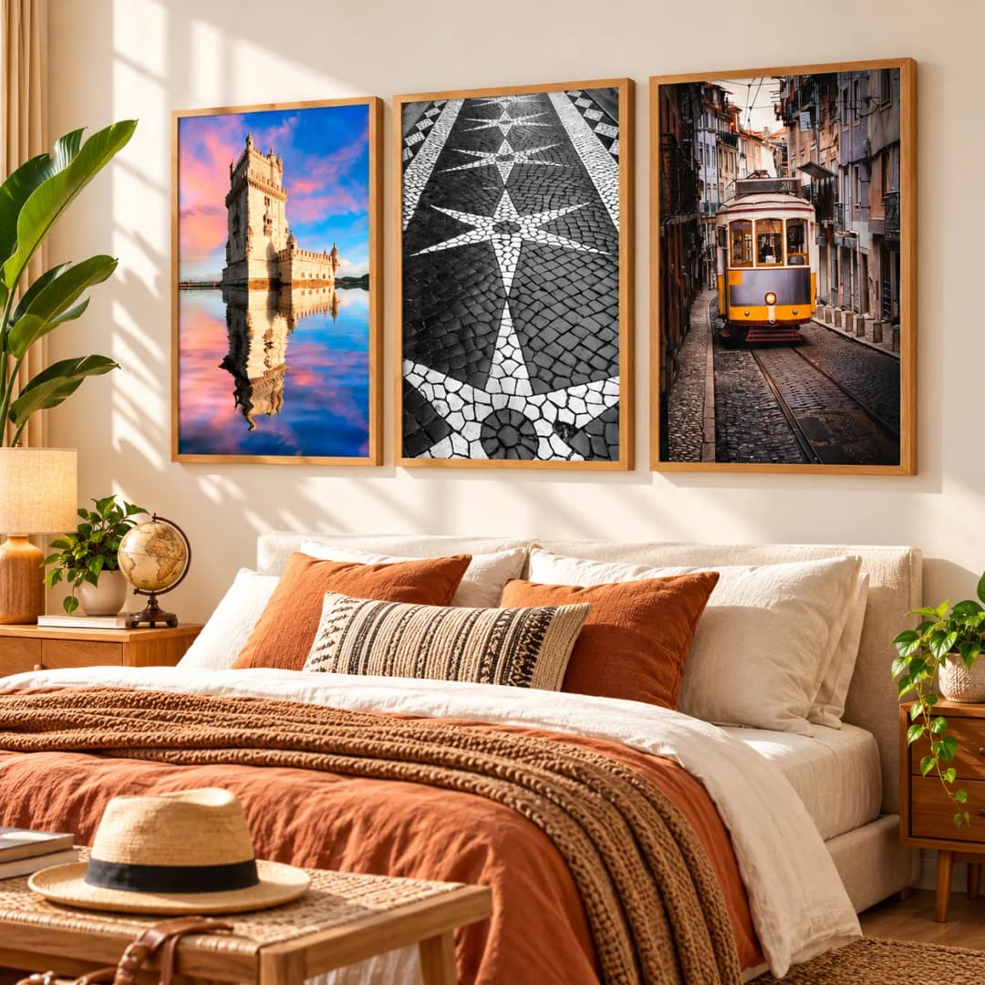 Kit Trio Quadros Decorativos Lisboa – Torre de Belém, Calçada Portuguesa e Elétrico 28