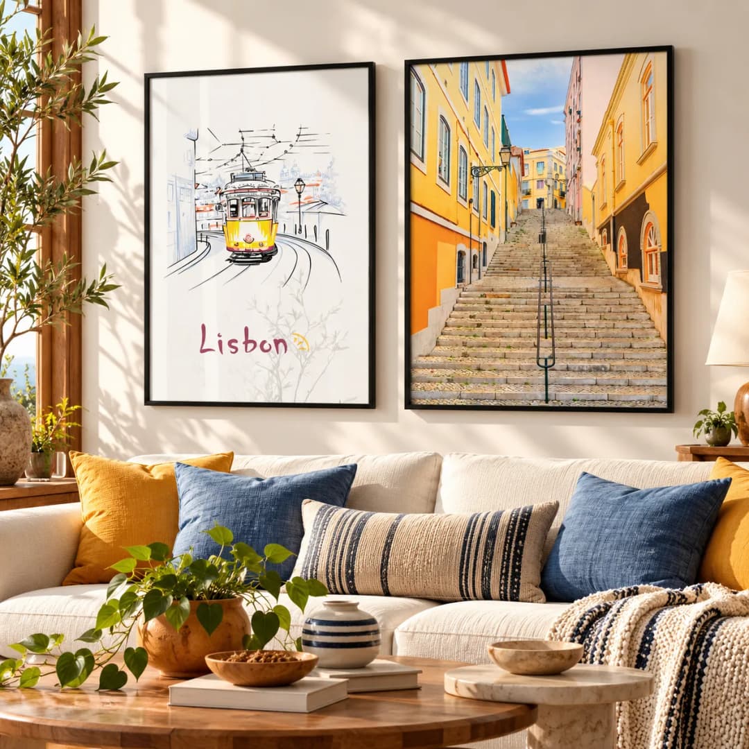 Kit Duo Quadros Decorativos Lisboa – Elétrico e Escadarias de Portugal