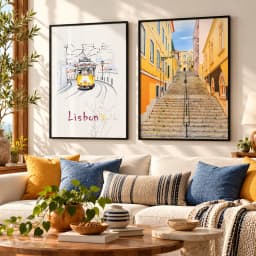 Kit Duo Quadros Decorativos Lisboa – Elétrico e Escadarias de Portugal