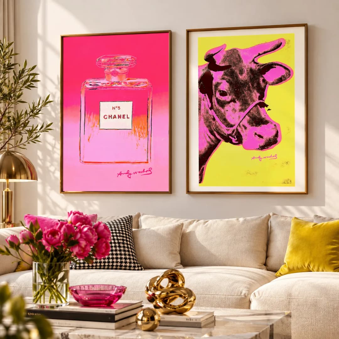 Kit Duo Quadros Decorativos Andy Warhol Chanel Nº5 e Cow
