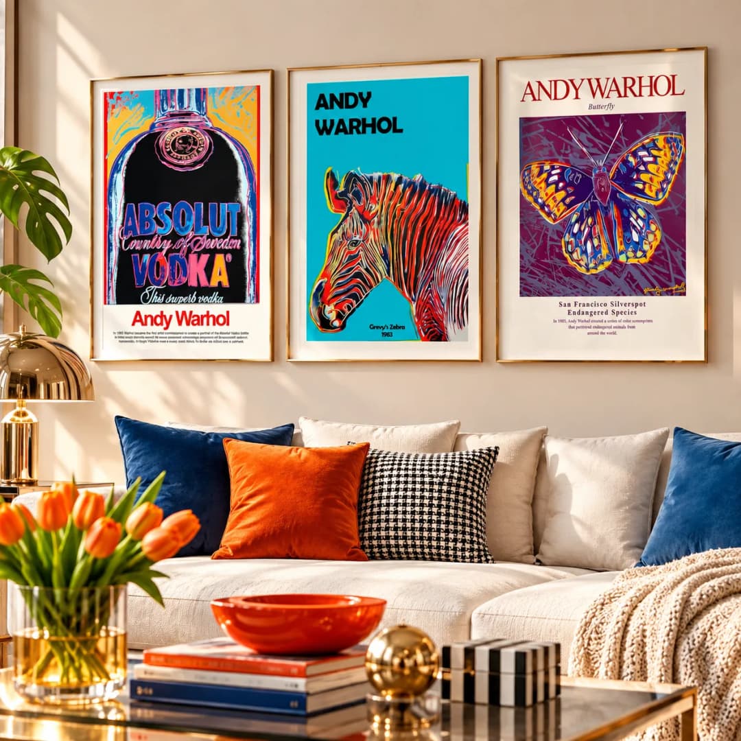 Kit Trio Quadros Decorativos Andy Warhol Absolut Vodka, Grevy’s Zebra e Butterfly