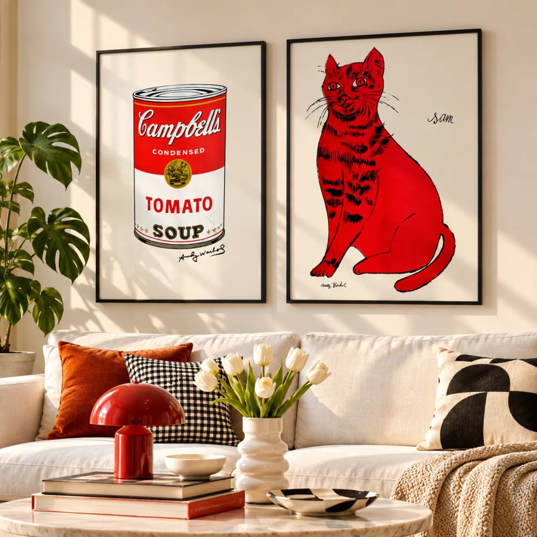 Kit Duo Quadros Decorativos Andy Warhol – Campbell’s Soup e Sam Cat