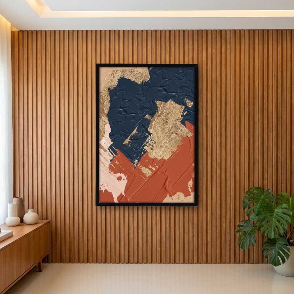 Quadro Decorativo Pintura Ouro e Azul Marinho com Terracota -vs03