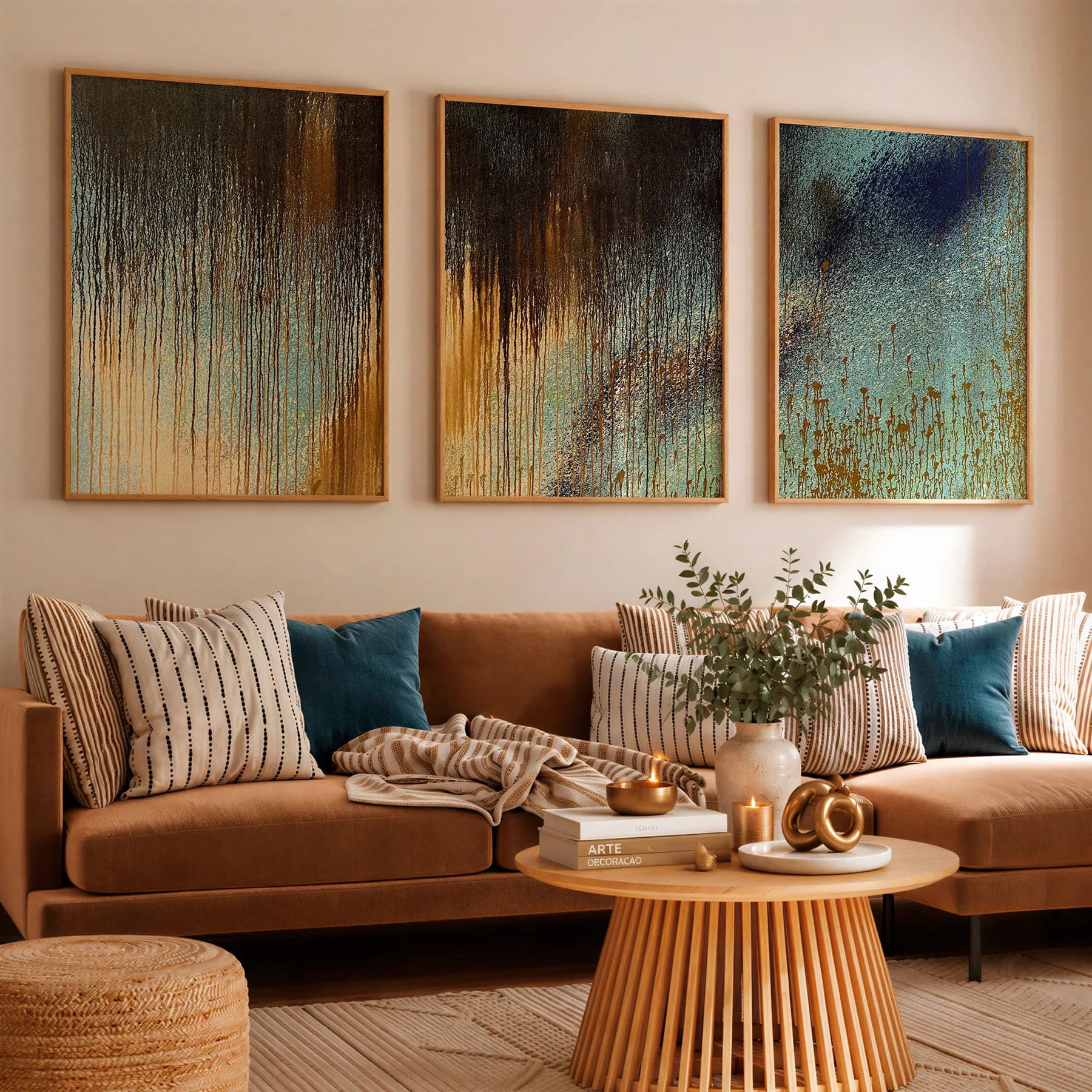 Kit Trio Quadros Decorativos Fluxo Dourado – Tríptico Arte Abstrata Contemporânea