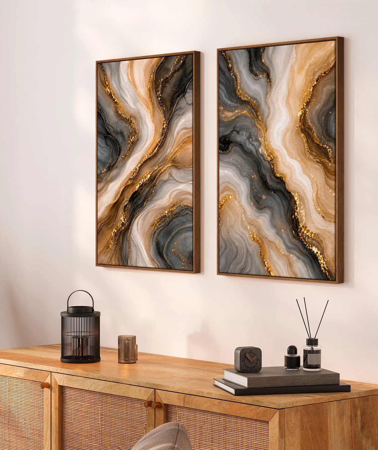 Kit Duo Quadros Decorativos Veios de Ouro Abstrato Mármore e Ágata