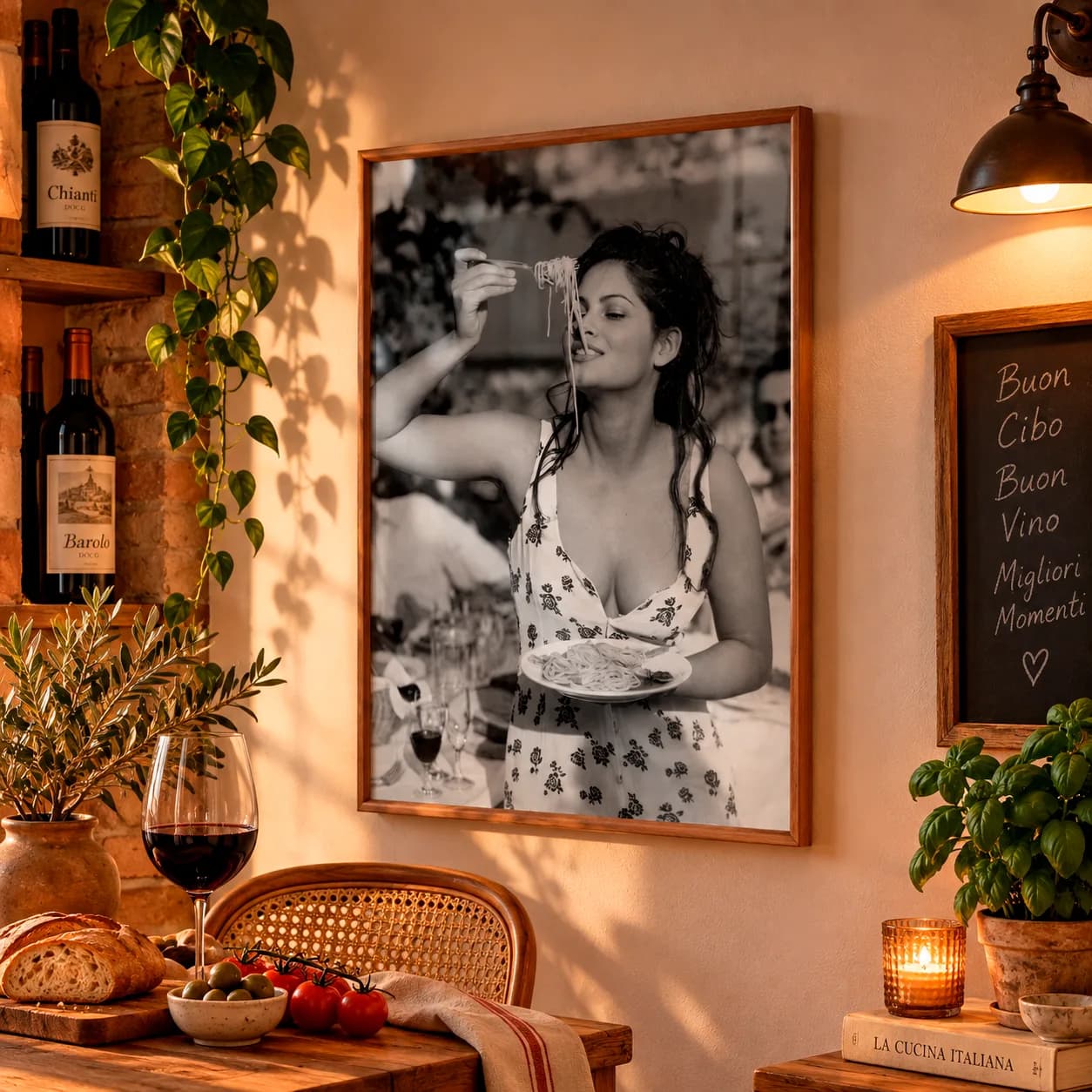 Quadro Decorativo Claudia Cardinale Comendo Espaguete 1965 – Fotografia Vintage Italiana