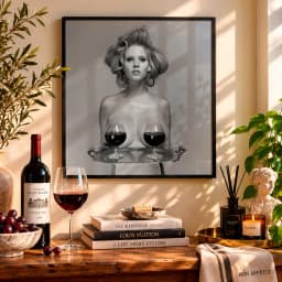 Quadro Decorativo Lara Stone com Vinho | Fotografia Fashion em Preto e Branco