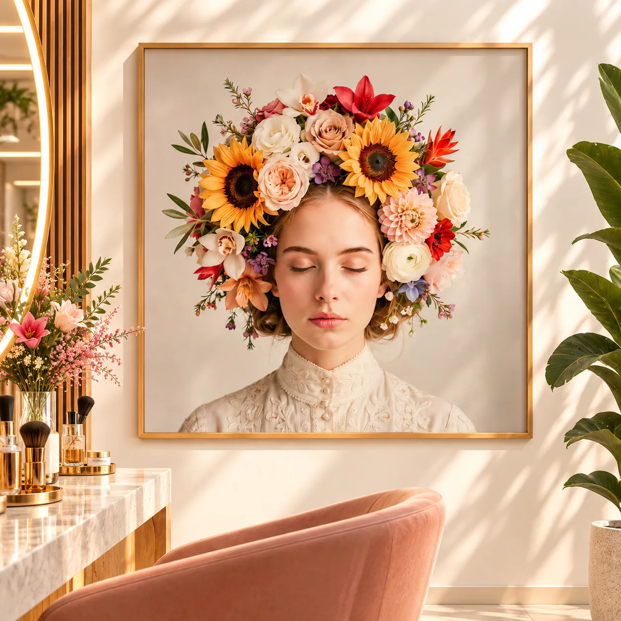 Quadro Decorativo Entre Flores e Sonhos – Menina 01 - Arte Floral Contemporânea