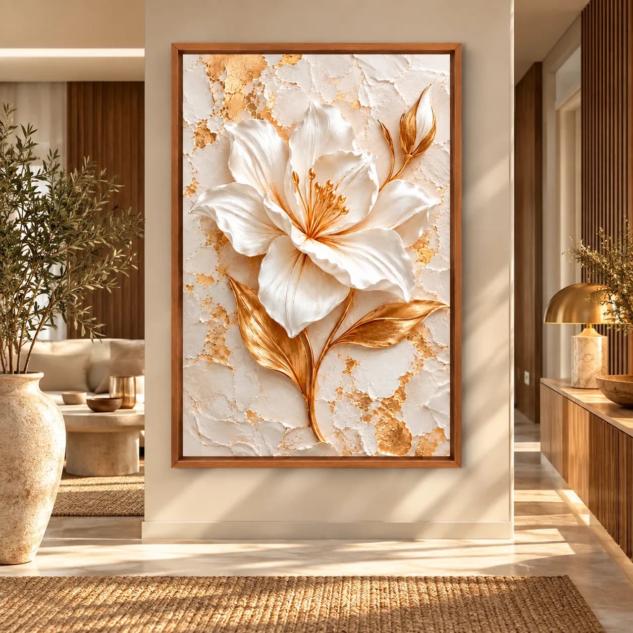 Quadro Decorativo Florescer em Ouro III – Arte Floral Escultural