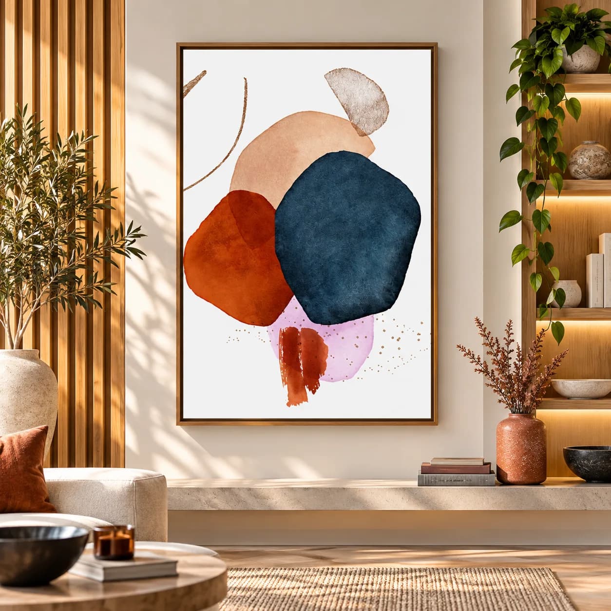 Quadro Decorativo Formas Abstratas em Aquarela III – Azul Petróleo e Terracota