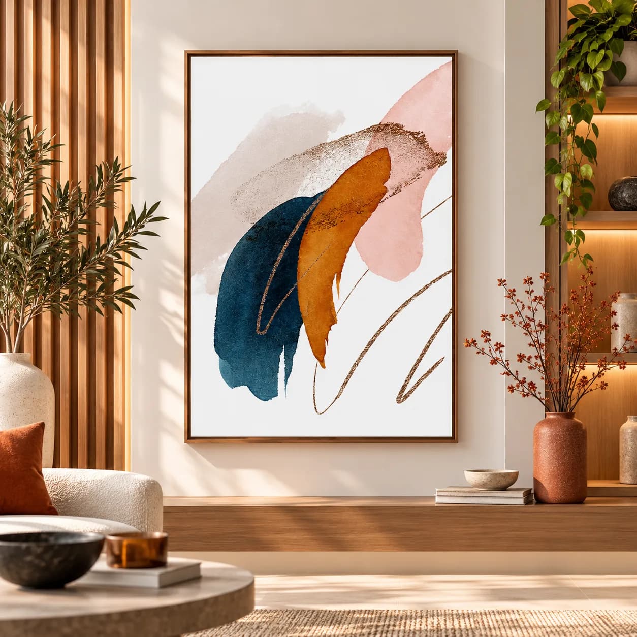 Quadro Decorativo Formas Abstratas em Aquarela II – Terracota e Azul Petróleo