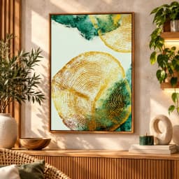 Quadro Decorativo Anéis de Árvore Dourado e Verde II – Arte Abstrata