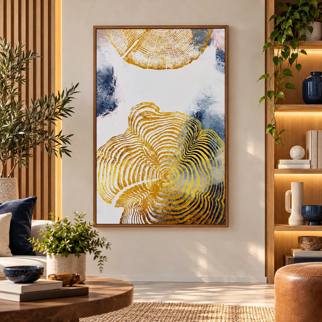 Quadro Decorativo Anéis de Árvore Dourado e Azul – Arte Abstrata
