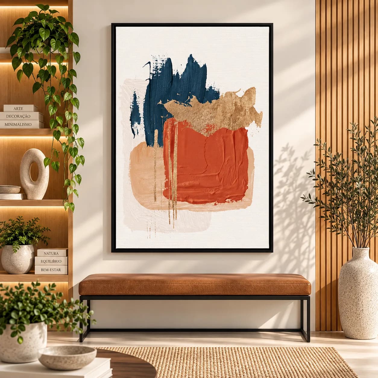 Quadro Decorativo Abstrato Fluxo Dourado III – Azul Marinho e Terracota - Arte Contemporânea